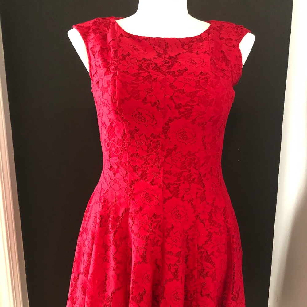 A-line Knee Length Red Lace Dress